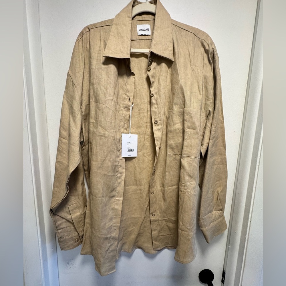 AEXAE OVERSIZED LINEN TAN BUTTON DOWN- M- NEW WITH TAGS - Picture 1 of 4
